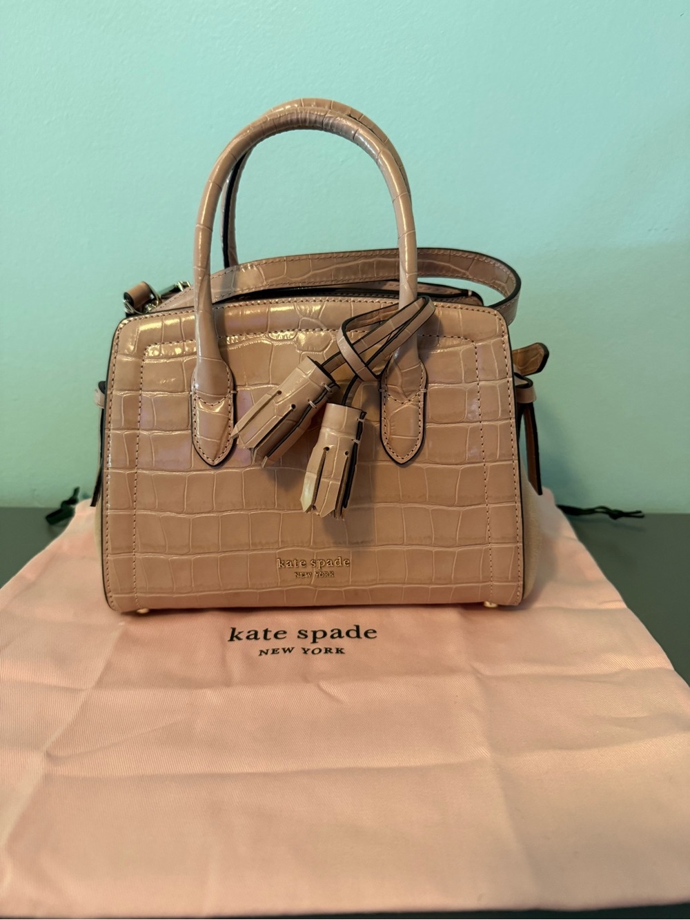 Kate Spade Knott Croc-Embossed Leather and Suede Medium Satchel Pink - Picture 5 of 5